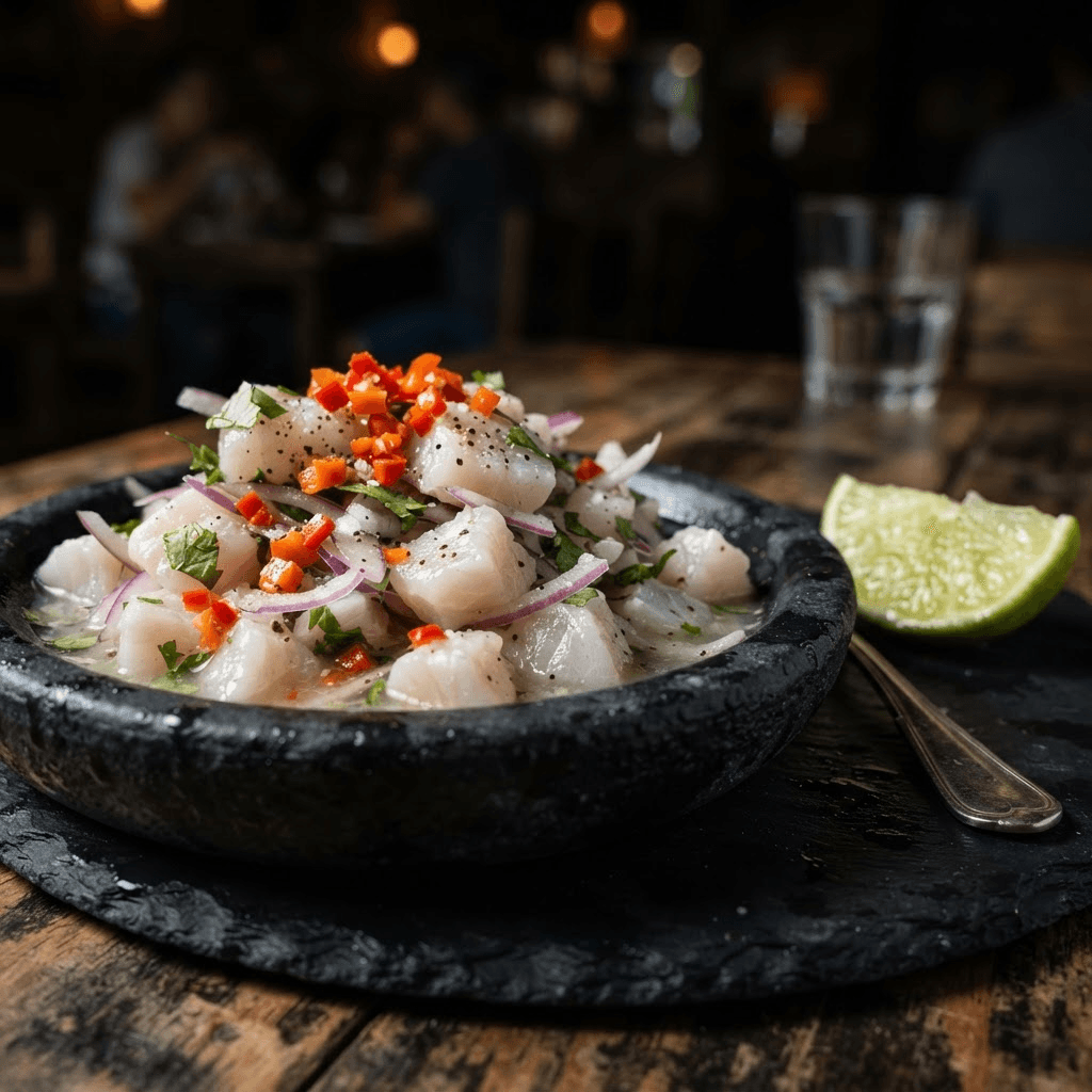 Ceviche panameño fresco en presentación gourmet
