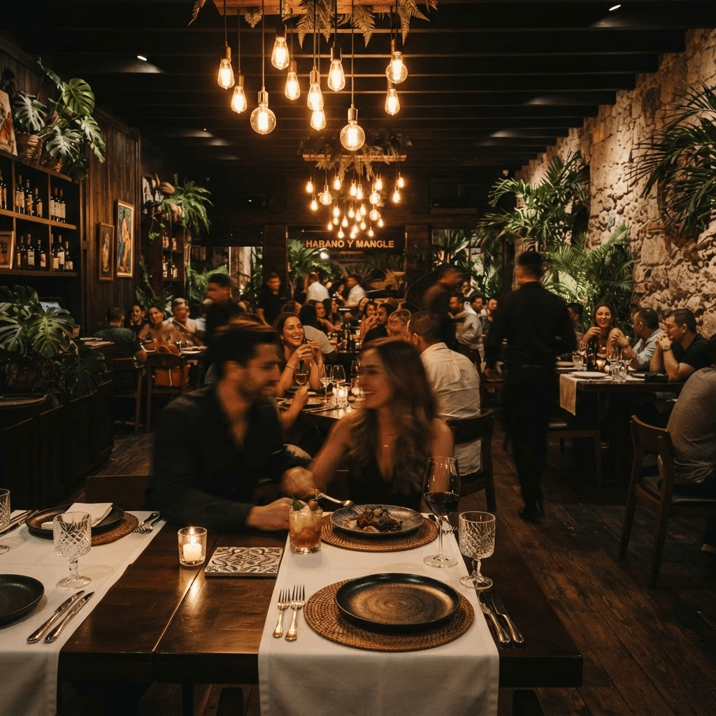 Interior de restaurante panameño con luz cálida